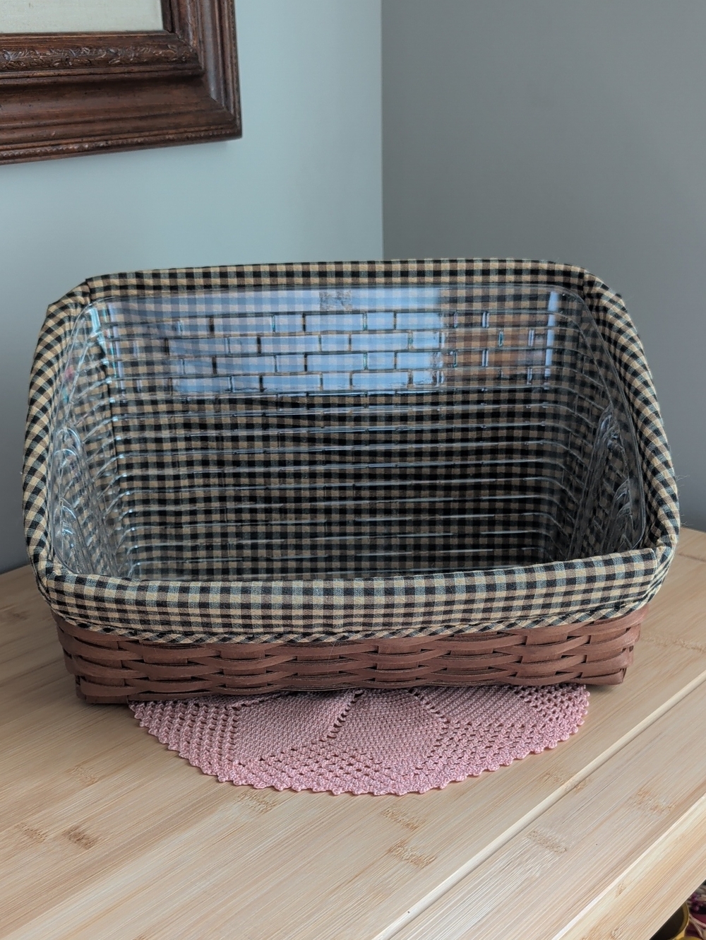 Longaberger Rich Brown Woven Desktop Basket With Liner & Protector